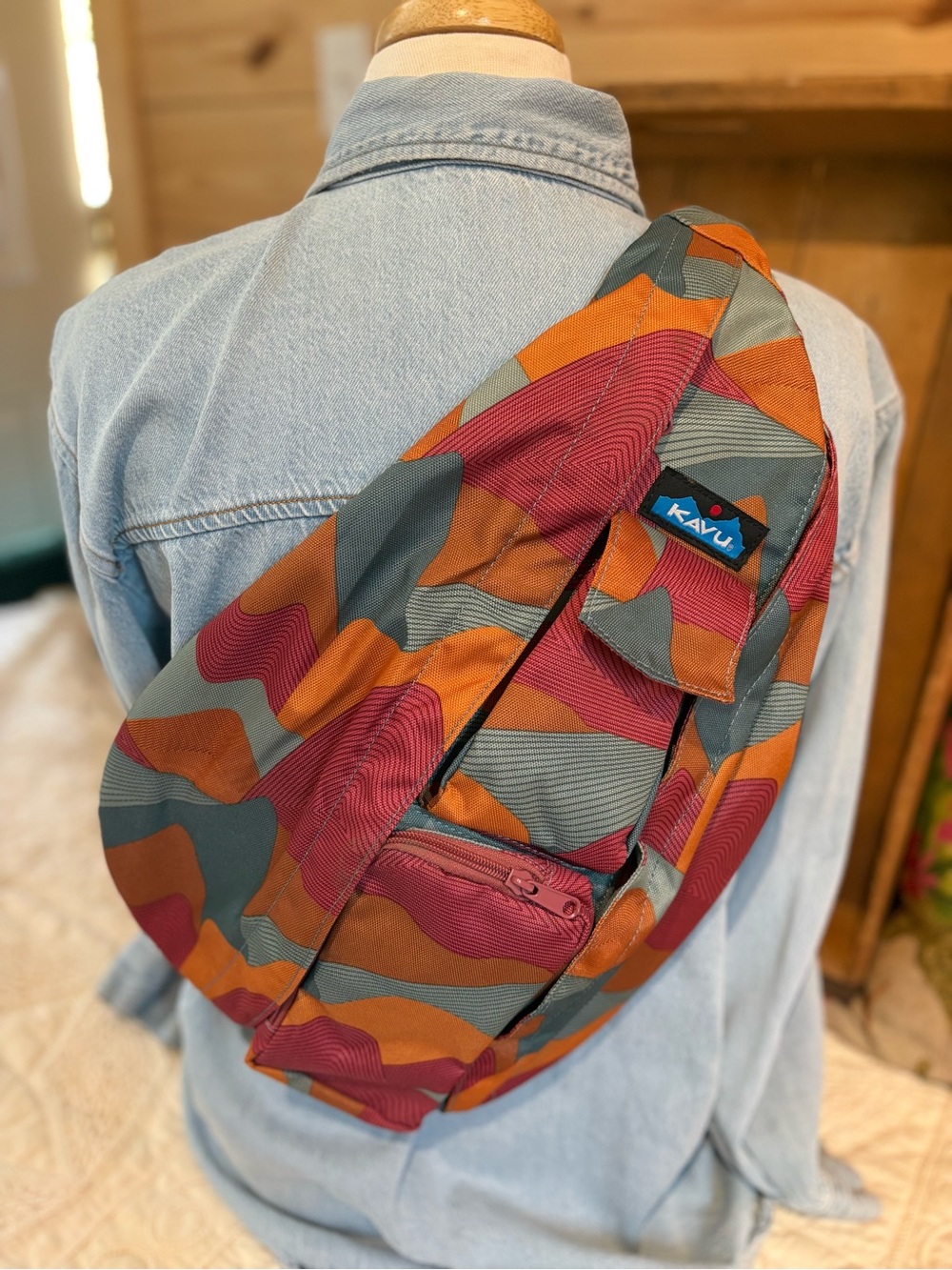 Kavu Crossbody Sling in Orange, Red and Green Wave Print